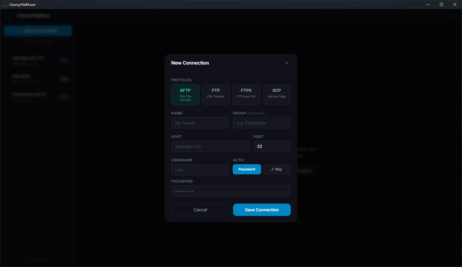 ClumsyFileMover new connection dialog