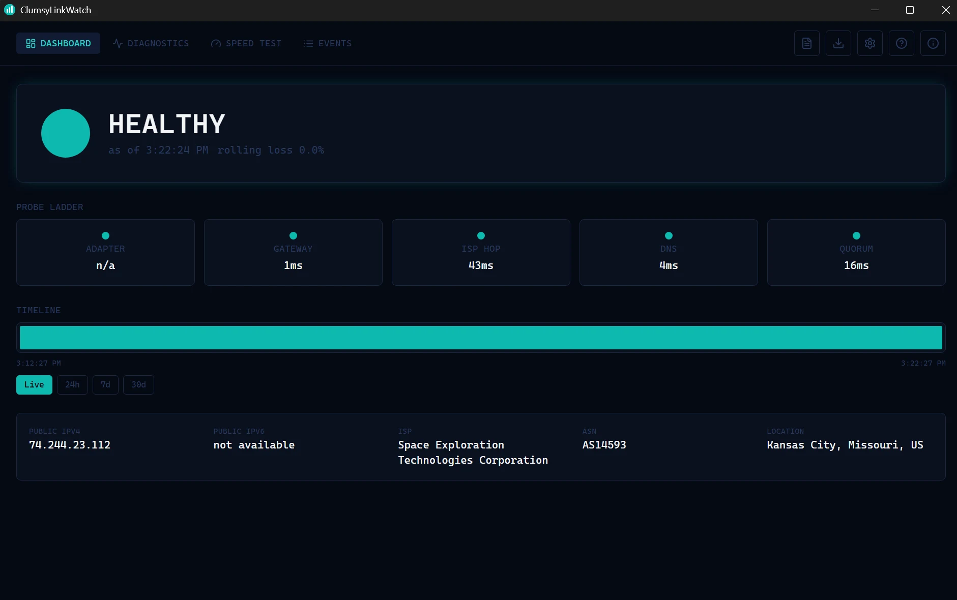 ClumsyLinkWatch live dashboard showing connection status, probe ladder, and timeline