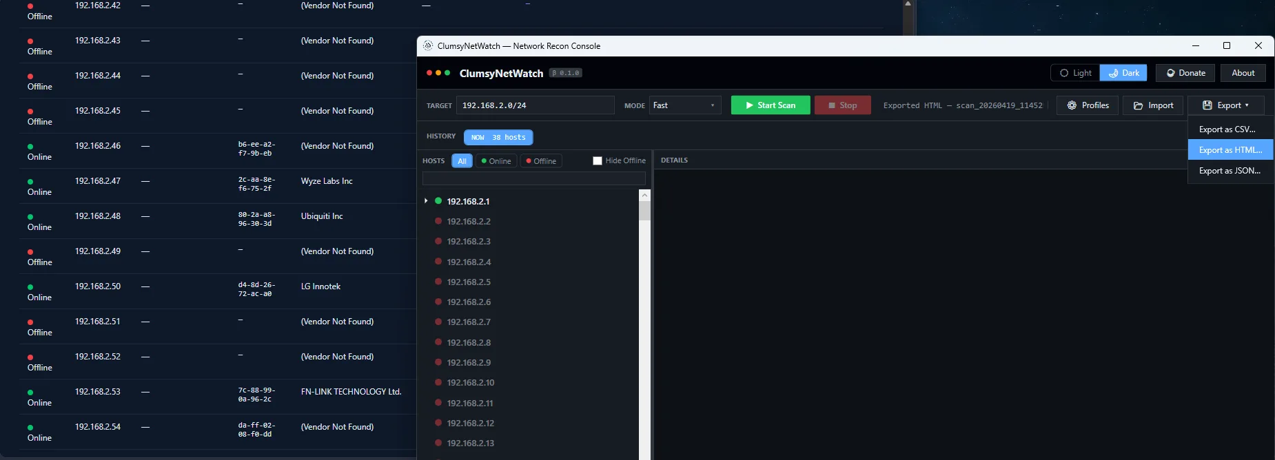 ClumsyNetWatch export and history tracking view